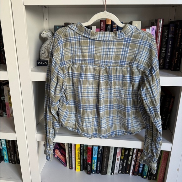 American Eagle blue green plaid flannel cropped long sleeve shirt top western - Picture 6 of 6